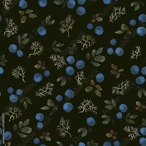 Seamless watercolor textured print with blueberries on a dark background.