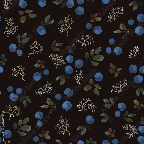 Seamless watercolor textured print with blueberries on a dark background.