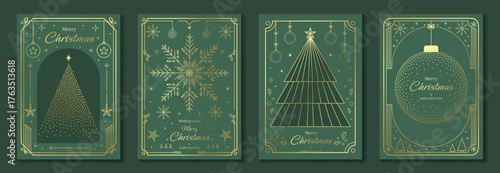 Elegant Merry Christmas and Happy New Year greeting card vector set with gold line art decorations, green background, holiday frames for celebration	

