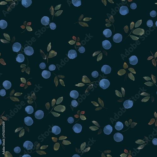 Seamless watercolor textured print with blueberries on a dark background.