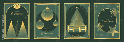 Modern Luxury Christmas Greeting Card Vector Set in Green and Gold with Stars, Ornaments, and Holiday Elements for Invitations, Posters, Social Media, Packaging, and Seasonal Decorations