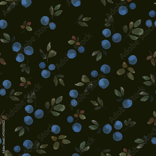 Seamless watercolor textured print with blueberries on a dark background.