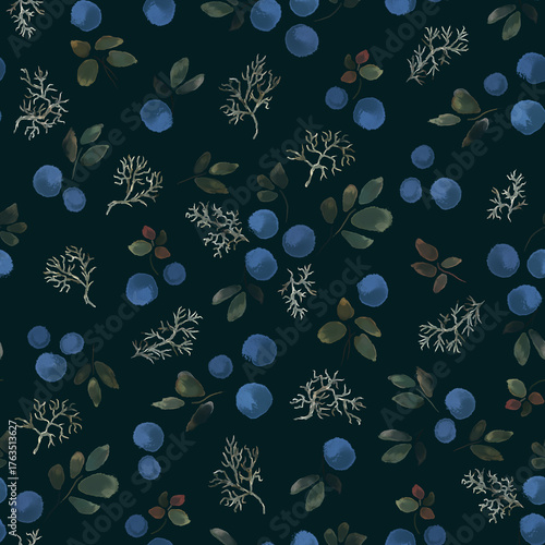 Seamless watercolor textured print with blueberries on a dark background.