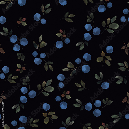 Seamless watercolor textured print with blueberries on a dark background.