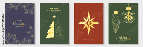 Luxury Christmas Greeting Card Vector Set with Golden Line Pine Tree, Holly Leaves, and Ornaments in Red and Green Background for Invitations, Posters, Wall Art, Social Media, Packaging.