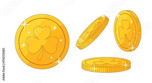 Shiny Golden Coins with Shamrock Design for St Patricks Day Celebration.