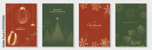 Luxury Christmas Greeting Card Vector Set with Golden Line Pine Tree, Holly Leaves, and Ornaments in Red and Green Background for Invitations, Posters, Wall Art, Social Media, Packaging.