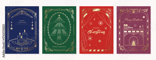 Elegant Christmas Greeting Card Vector Set with Ornaments, Candles, Geometric Star, and Golden Tree for Invitations, Posters, Backgrounds, Social Media, and Holiday Packaging
