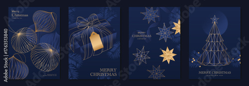Wallpaper Mural Modern Luxury Christmas Greeting Card Vector Set in Blue and Gold with Ornaments, Gift Box, Stars, and Geometric Pine Tree for Invitations, Posters, Wall Art, Social Media, Packaging, and Holiday Deco Torontodigital.ca