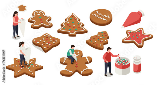 Isometric gingerbread decorating with people and holiday cookies