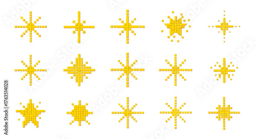 Collection of Bright Yellow Starbursts and Sparkle Icons on White Background.