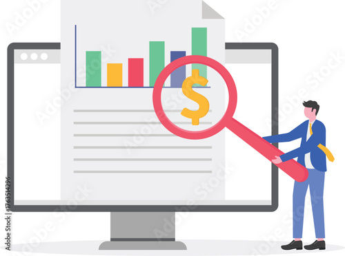 Businessman hold a magnifying glass marked with a dollar next to a document with a rising graph,

