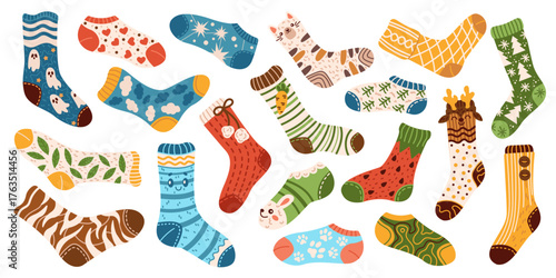 Colorful assortment of patterned socks on white background