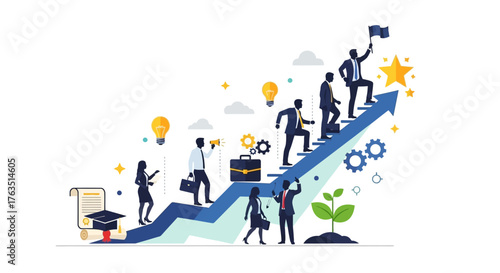 Path to Professional Success Business People Climbing an Upward Arrow Symbolizing Career Growth and Achievement