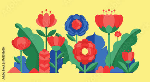 Vibrant abstract floral arrangement with bold colors and shapes.