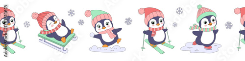 Baby penguins, seamless border with funny happy animals, cute vector illustrations. Activity in winter.