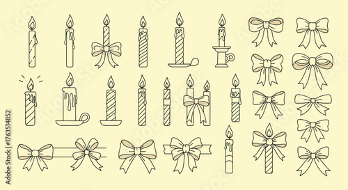 Collection of Hand Drawn Candles and Bows for Festive Occasions.