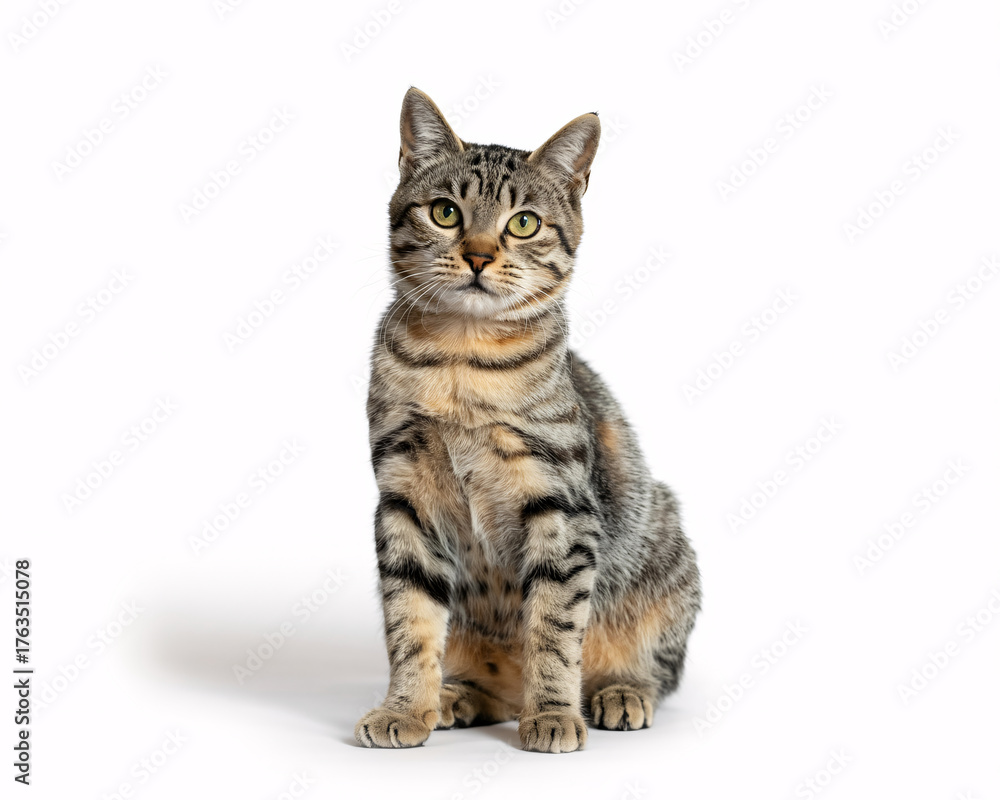 Obraz premium Adorable tabby cat sitting pretty with captivating eyes against a clean white backdrop, perfect for pet adoption campaigns and heartwarming animal stories