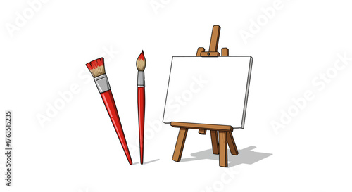 Blank canvas and paintbrushes with easel in artistic workspace