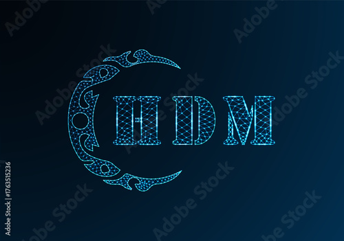Low poly letter logo HDM design. HDM letter logo low poly vector design on blue color gradient background. HDM logo low poly design