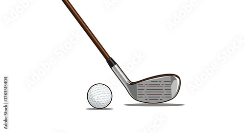 Realistic golf club and ball close-up on white background