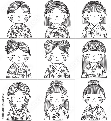A collection of nine handdrawn black and white portraits of cute girls in floral kimonos with various traditional Japanese hairstyles.