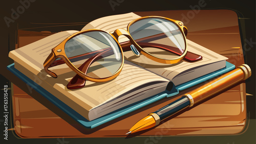Very beautiful pair of elegant reading glasses resting on an open notebook with a golden pen, evoking focus, intellect, and sophistication.
