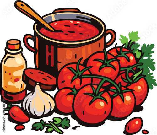 Fresh tomatoes and garlic beside pot of homemade tomato soup cooking