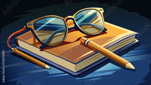 Very beautiful pair of elegant reading glasses resting on an open notebook with a golden pen, evoking focus, intellect, and sophistication.
