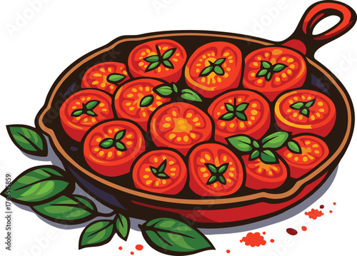Delicious sliced tomatoes with green herbs in a rustic frying pan