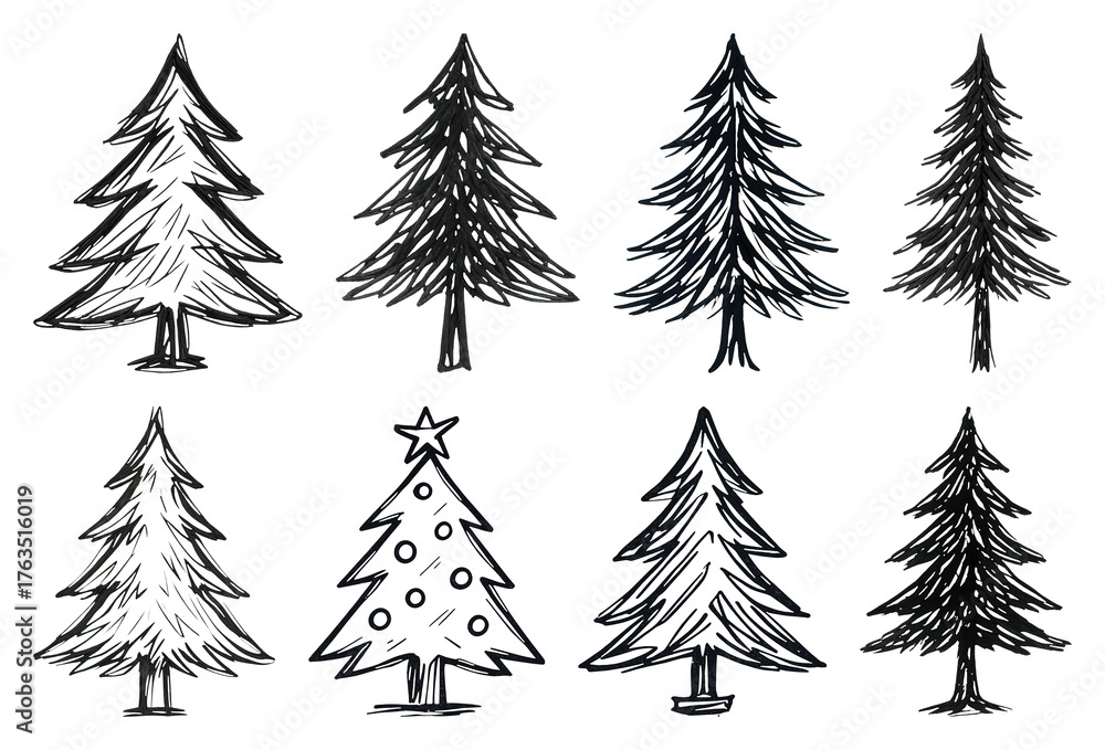 Obraz premium PNG Hand-drawn evergreen tree illustrations, element set on transparent background