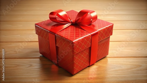 Decorative red gift box with elegant ribbon tied in a bow on a wooden table