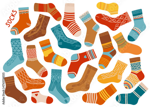 Colorful assortment of patterned socks on white background