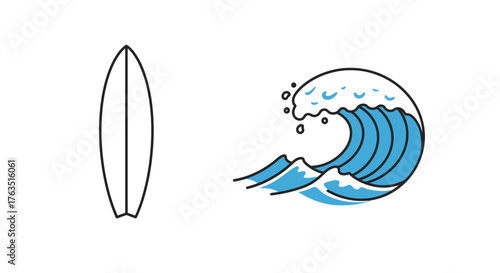 Minimalist wave and surfboard design with clean lines and blue accents