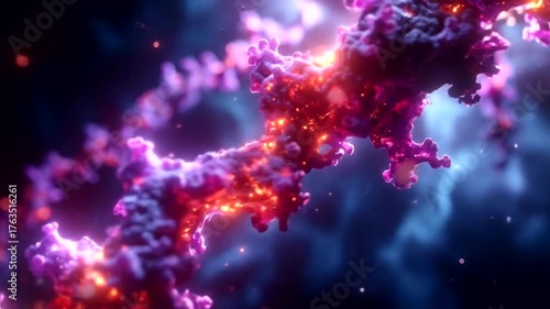Glowing molecular structure twisting through colorful cosmic background
