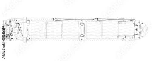 Container ship blueprint in top view wireframe illustration with detailed hull, deck, and container layout on a clean white background. Top view