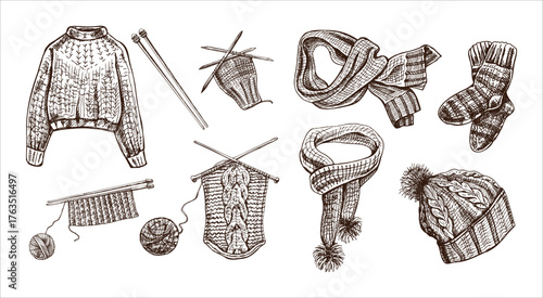 Vintage Hand Drawn Knitted Clothes and Knitting Needles Icons in Sketch Engraving Doodle Style