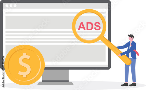  Businessman holding magnifying glass labeled ADS examining app interface beside dollar coin illustration of advertising business financial management

