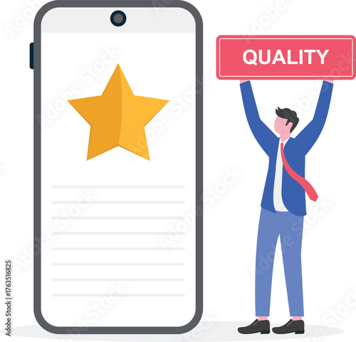 Businessman holding a board with star symbol and quality text beside smartphone illustrating business app quality standardization
