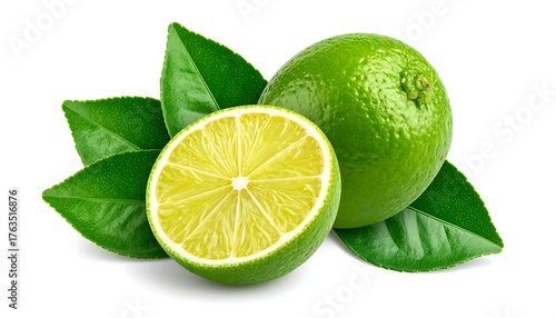 Fresh Limes with Green Leaves - A Vibrant Citrus Fruit Display.