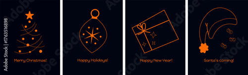 Merry Christmas and Happy New Year card designs set. Posters, black postcards with orange Xmas symbols, tree, bauble, gift and santa hat. Flat vector illustrations