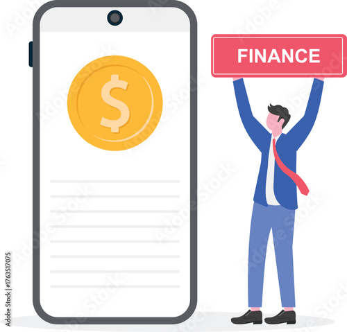 Businessman holding a board with dollar sign and finance text beside smartphone illustrating digital archiving and documentation of financial data
