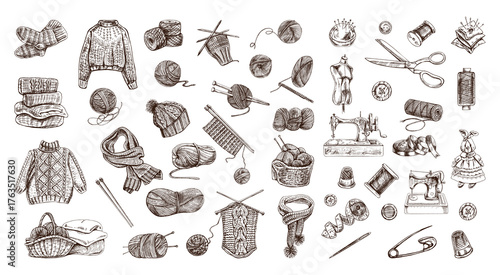 Vintage Hand Drawn Sewing and Knitting Icons in Sketch Engraving Style