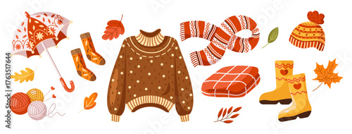 Autumn clothing and accessories arranged in a flat lay style