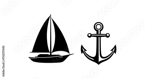 Nautical silhouette design with sailboat and anchor icons for marine themes