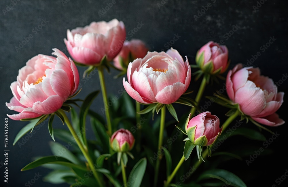 Obraz premium Pink peonies in full bloom against a dark background. Delicate flower petals soft colors create an elegant artistic photo. The floral arrangement conveys beauty and aesthetic appeal.