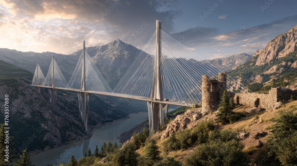 Obraz premium A modern cable-stayed bridge spans a deep canyon, set amidst rugged mountains and an ancient stone fortress, under a sunset sky