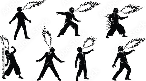 Fire Performer Silhouette Collection, Men Breathing and Juggling Flames, Performing a Dangerous Stunt, Circus or Street Show Vector Set.