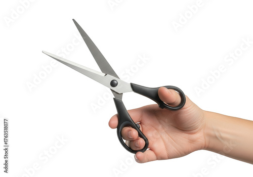 A hand holding open scissors isolated on transparent background
