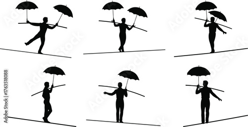 Tightrope Walker Silhouette Collection, Six Men Balancing on a Wire with an Umbrella for Stability, High Wire Act, Circus Performance Vector Set.